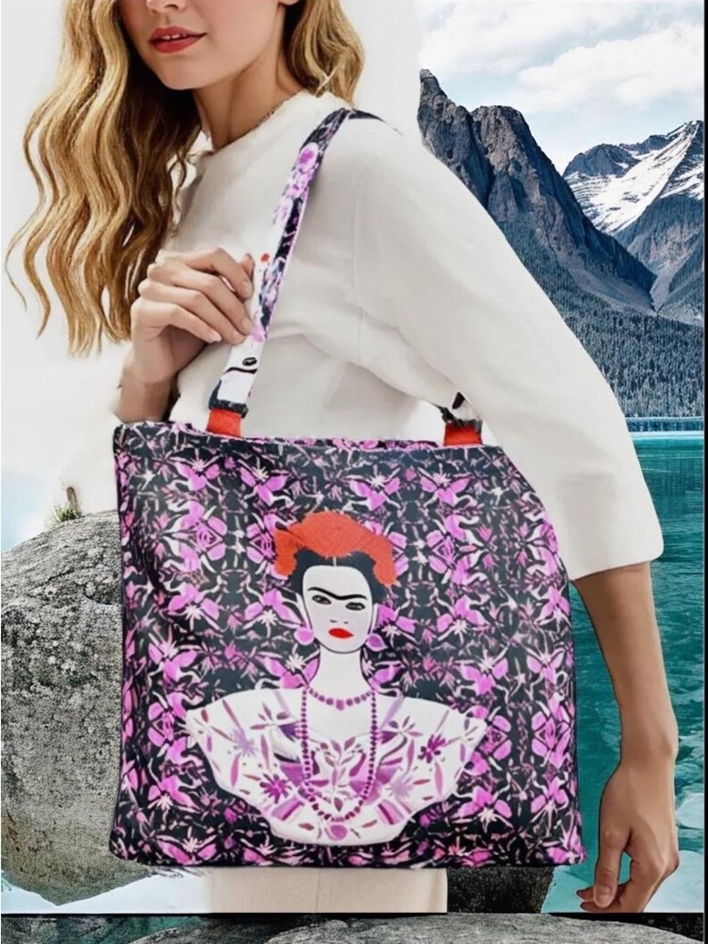 Frida Kahlo Printed Tote Bag in Black & Pink